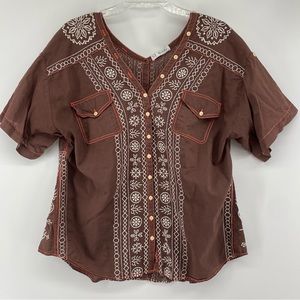 Johnny Was 3J Workshop Sz M/L Embroidered Shirt Brown Orange White Conv Sleeve.